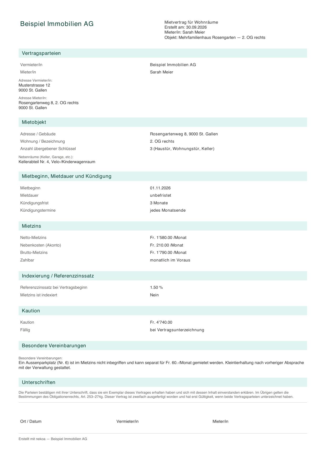 Fertig generiertes Mietvertrags-PDF